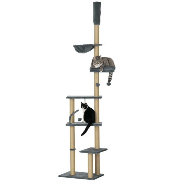 PawHut Floor to Ceiling Cat Tree, 6-Tier Climbing Activity Centre with Scratching Post, Hammock, Adjustable Height 230-250cm, Grey - Aosom UK - image 1