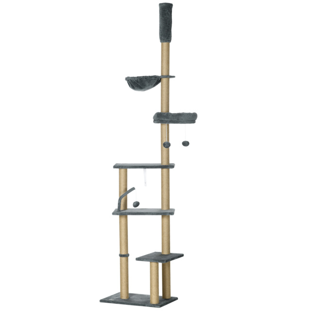 PawHut Floor to Ceiling Cat Tree, 6-Tier Climbing Activity Centre with Scratching Post, Hammock, Adjustable Height 230-250cm, Grey - Aosom UK