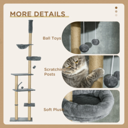 PawHut Floor to Ceiling Cat Tree, 6-Tier Climbing Activity Centre with Scratching Post, Hammock, Adjustable Height 230-250cm, Grey - Aosom UK - thumbnail 6