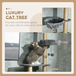 PawHut Floor to Ceiling Cat Tree, 6-Tier Climbing Activity Centre with Scratching Post, Hammock, Adjustable Height 230-250cm, Grey - Aosom UK - thumbnail 4