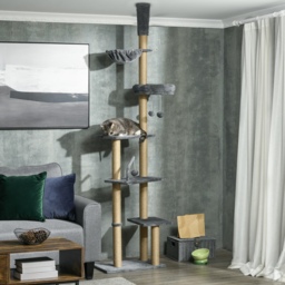 PawHut Floor to Ceiling Cat Tree, 6-Tier Climbing Activity Centre with Scratching Post, Hammock, Adjustable Height 230-250cm, Grey - Aosom UK - thumbnail 2