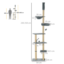PawHut Floor to Ceiling Cat Tree, 6-Tier Climbing Activity Centre with Scratching Post, Hammock, Adjustable Height 230-250cm, Grey - Aosom UK - thumbnail 3