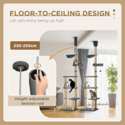 PawHut Floor to Ceiling Cat Tree, 6-Tier Climbing Activity Centre with Scratching Post, Hammock, Adjustable Height 230-250cm, Grey - Aosom UK - thumbnail 5