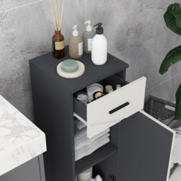 kleankin Slender Bathroom Cabinet: Compact Storage with Drawer, Door & Adjustable Shelf, Soft-Close Mechanism, Grey Hue - Aosom UK - thumbnail 8