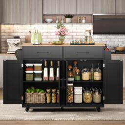 Contemporary Kitchen Storage Trolley with Foldable Dropleaf, Spacious Buffet with Towel Holders, 120L x 71W x 91.5H cm, Black+Natural - Aosom UK