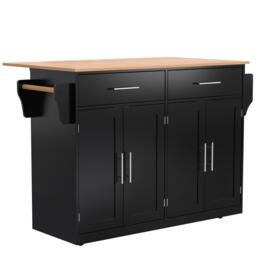 Contemporary Kitchen Storage Trolley with Foldable Dropleaf, Spacious Buffet with Towel Holders, 120L x 71W x 91.5H cm, Black+Natural - Aosom UK - thumbnail 2