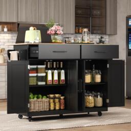 Contemporary Kitchen Storage Trolley with Foldable Dropleaf, Spacious Buffet with Towel Holders, 120L x 71W x 91.5H cm, Black+Natural - Aosom UK - thumbnail 8