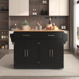 Contemporary Kitchen Storage Trolley with Foldable Dropleaf, Spacious Buffet with Towel Holders, 120L x 71W x 91.5H cm, Black+Natural - Aosom UK - thumbnail 9