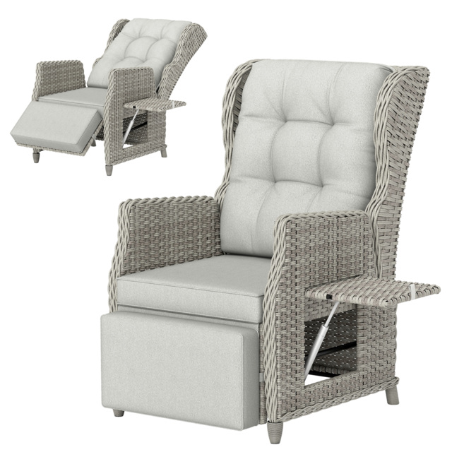 Outsunny Rattan Garden Recliner Chair, Reclining Garden Chair with Adjustable Back and Footrest, Flip Table, Cushion, Light Grey - image 1