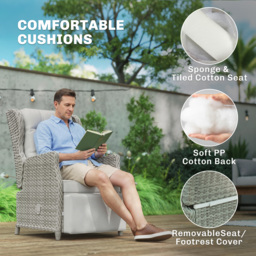 Outsunny Rattan Garden Recliner Chair, Reclining Garden Chair with Adjustable Back and Footrest, Flip Table, Cushion, Light Grey - thumbnail 7