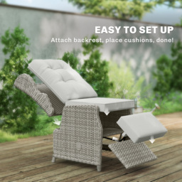 Outsunny Rattan Garden Recliner Chair, Reclining Garden Chair with Adjustable Back and Footrest, Flip Table, Cushion, Light Grey - thumbnail 9