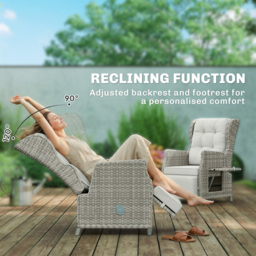 Outsunny Rattan Garden Recliner Chair, Reclining Garden Chair with Adjustable Back and Footrest, Flip Table, Cushion, Light Grey - thumbnail 4
