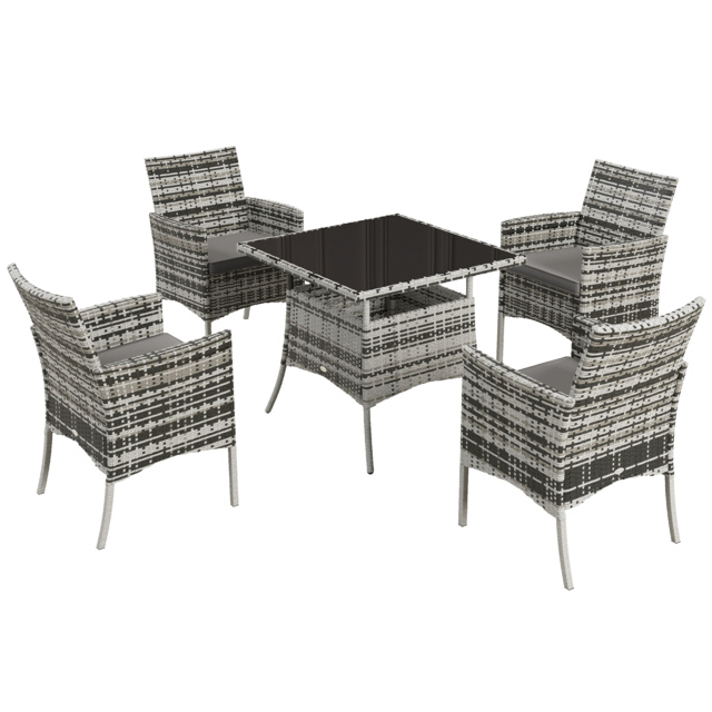 Outsunny Outdoor Dining Set 5 Pieces Patio Conservatory with Tempered Glass Tabletop, 4 Dining Armchairs - Grey - image 1