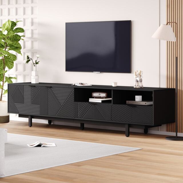 Modern Bohemian TV Cabinet with Sturdy and Durable Construction, Geometric Lines TV Stand for Living Room, 200L x 40W x 51H cm, Black - Aosom UK