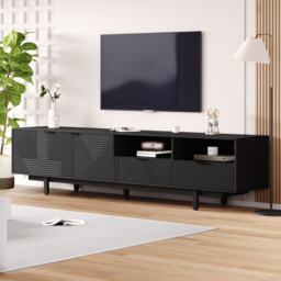 Modern Bohemian TV Cabinet with Sturdy and Durable Construction, Geometric Lines TV Stand for Living Room, 200L x 40W x 51H cm, Black - Aosom UK