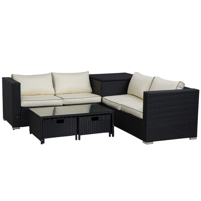 Outsunny 4-Seater Rattan Garden Furniture Patio Sofa Storage & Table Set w/ Coffee Table & Corner Sofa - Black - image 1