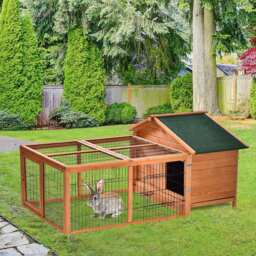 PawHut Wooden Rabbit Hutch Outdoor, Guinea Pig Hutch, Detachable Rabbit Cage w/Openable Run & Roof Lockable Door Slide-out Tray Golden Red - thumbnail 2