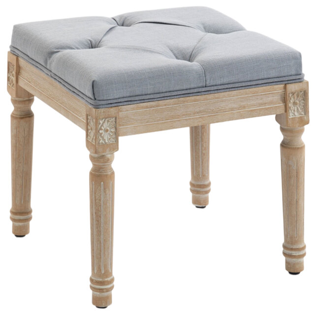 HOMCOM Vintage Foot Stool, Tufted Square Footrest with Wood Legs, Light Grey - image 1