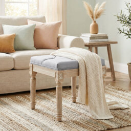 HOMCOM Vintage Foot Stool, Tufted Square Footrest with Wood Legs, Light Grey - thumbnail 8