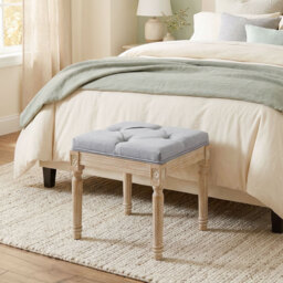 HOMCOM Vintage Foot Stool, Tufted Square Footrest with Wood Legs, Light Grey - thumbnail 7