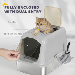 PawHut Extra Large Stainless Steel Litter Box, Enclosed Cat Litter Tray with Scoop, Deodorizer Bag, Front-Entry and Top-Exit - thumbnail 5