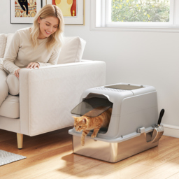 PawHut Extra Large Stainless Steel Litter Box, Enclosed Cat Litter Tray with Scoop, Deodorizer Bag, Front-Entry and Top-Exit - thumbnail 2