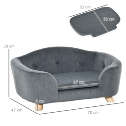 PawHut Pet Sofa, Modern Dog Bed & Puppy Lounge, with Wooden Frame & Washable Cushion, 70x47x30cm, Grey - thumbnail 3
