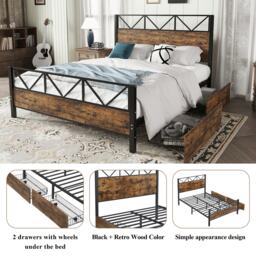 Minimalist Metal Double Bed with 2 Drawers, Sturdy Iron and MDF Frame, Storage Bed for Adults, Teenagers, 198L x 137W x 116H cm, Black+wood - Aosom UK - thumbnail 5