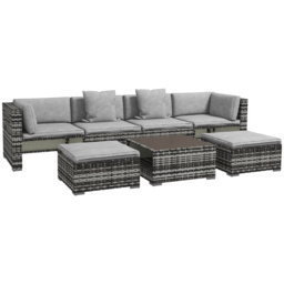 Outsunny 7-Piece Rattan Patio Furniture Set with Sofa, Footstools, Coffee Table, Side Shelves, Cushions, Pillows, Mixed Grey - thumbnail 1