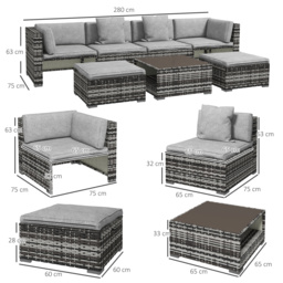Outsunny 7-Piece Rattan Patio Furniture Set with Sofa, Footstools, Coffee Table, Side Shelves, Cushions, Pillows, Mixed Grey - thumbnail 3
