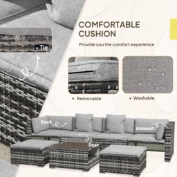 Outsunny 7-Piece Rattan Patio Furniture Set with Sofa, Footstools, Coffee Table, Side Shelves, Cushions, Pillows, Mixed Grey - thumbnail 7