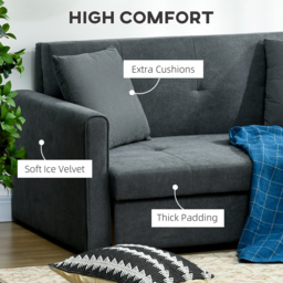 HOMCOM 2 Seater Sofa Bed with Hidden Storage, Modern Snow Flannel Loveseat Sofa with 2 Cushions for Living Room, Dark Grey - Aosom UK - thumbnail 6