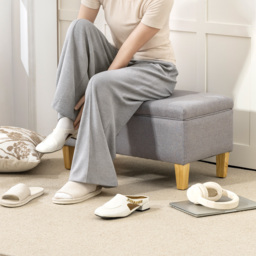 HOMCOM 30L Linen Storage Ottoman Padded Footstool with Rubberwood Legs for Storage Box, Bed End, Shoe Bench, Seating, Light Grey - thumbnail 8
