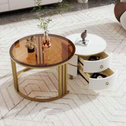 Set of 2 Round Nest of Tables, Coffee Table Round Nesting with High-Gloss and Tempered Glass Tops, for Living Room, Brown+White - Aosom UK - thumbnail 4