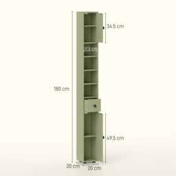 kleankin 180cm Slim Bathroom Cabinet, with Drawer, Shelves and Cupboards - Green - thumbnail 3