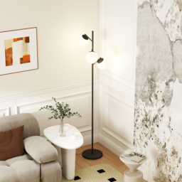 HOMCOM 3-Light Tree Floor Lamps for Living Room, Modern Standing Lamp for Bedroom with Globe Lampshade, Steel Base, Bulb not Included, Black - thumbnail 9