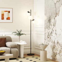 HOMCOM 3-Light Tree Floor Lamps for Living Room, Modern Standing Lamp for Bedroom with Globe Lampshade, Steel Base, Bulb not Included, Black - thumbnail 2
