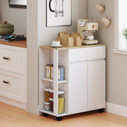 HOMCOM Kitchen Storage Trolley Cart with Cabinet, Drawer and Open Shelves, White - thumbnail 7
