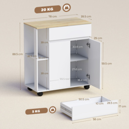 HOMCOM Kitchen Storage Trolley Cart with Cabinet, Drawer and Open Shelves, White - thumbnail 3