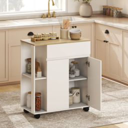 HOMCOM Kitchen Storage Trolley Cart with Cabinet, Drawer and Open Shelves, White - thumbnail 2