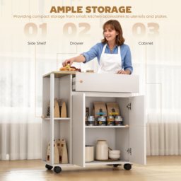 HOMCOM Kitchen Storage Trolley Cart with Cabinet, Drawer and Open Shelves, White - thumbnail 4
