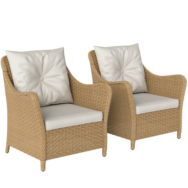 Outsunny Rattan Garden Chairs Set of 2, Outdoor Rattan Chairs with Cushions, Armrests and High Back, PE Wicker Garden Armchair with Steel Frame for Balcony, Porch, Beige - image 1