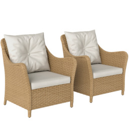 Outsunny Rattan Garden Chairs Set of 2, Outdoor Rattan Chairs with Cushions, Armrests and High Back, PE Wicker Garden Armchair with Steel Frame for Balcony, Porch, Beige - thumbnail 1