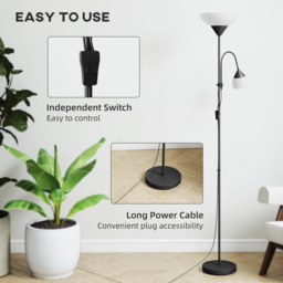 HOMCOM LED Floor Lamp for Living Room, 180cm Tall Standing Lamp, Mother and Child Uplighter with Adjustable Gooseneck, Black - thumbnail 6