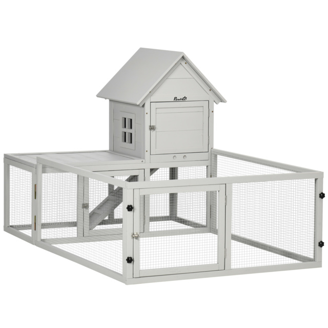 PawHut Wooden Rabbit Hutch with Extra Fenced Area, Large Guinea Pig Cage, Small Animal House for Indoor with Slide-out Tray, Light Grey - image 1