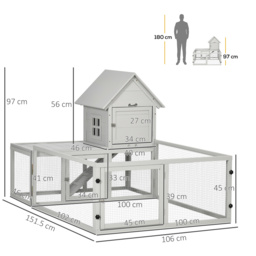 PawHut Wooden Rabbit Hutch with Extra Fenced Area, Large Guinea Pig Cage, Small Animal House for Indoor with Slide-out Tray, Light Grey - thumbnail 3