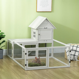 PawHut Wooden Rabbit Hutch with Extra Fenced Area, Large Guinea Pig Cage, Small Animal House for Indoor with Slide-out Tray, Light Grey - thumbnail 2