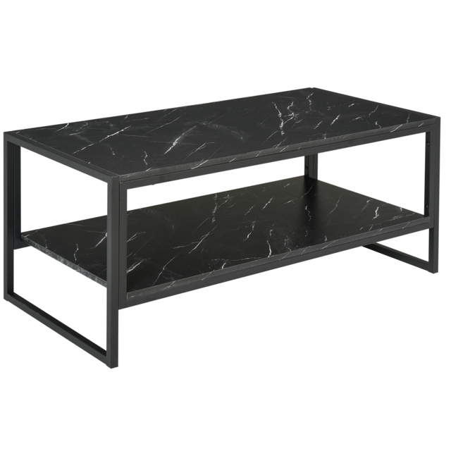 HOMCOM Elegant Two-Tier Coffee Table: Laminate Marble Print Top, Metal Frame, Foot Pads, 2 Shelves, Black - Aosom UK - image 1