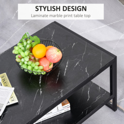 HOMCOM Elegant Two-Tier Coffee Table: Laminate Marble Print Top, Metal Frame, Foot Pads, 2 Shelves, Black - Aosom UK - thumbnail 6