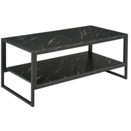 HOMCOM Elegant Two-Tier Coffee Table: Laminate Marble Print Top, Metal Frame, Foot Pads, 2 Shelves, Black - Aosom UK